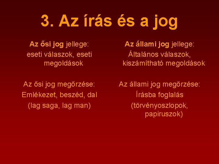 3. Az írás és a jog Az ősi jog jellege: eseti válaszok, eseti megoldások 3. Az írás és a jog Az ősi jog jellege: eseti válaszok, eseti megoldások