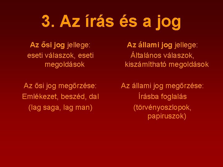 3. Az írás és a jog Az ősi jog jellege: eseti válaszok, eseti megoldások