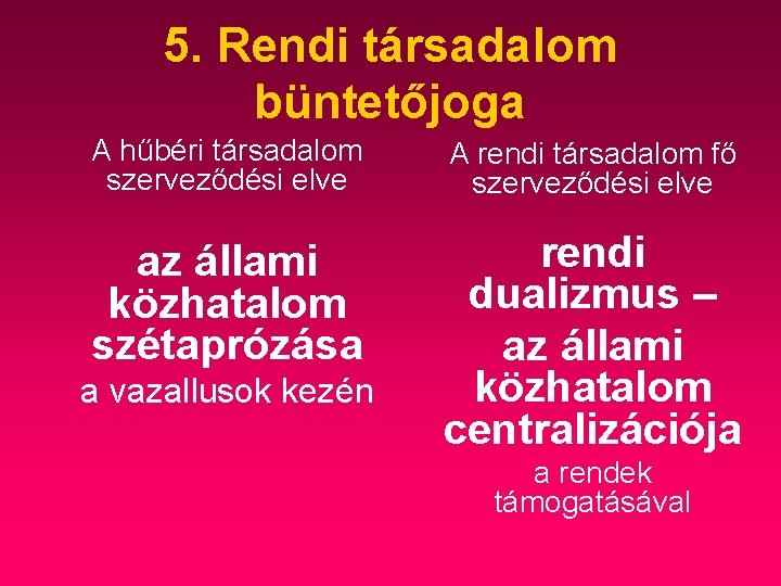 5. Rendi társadalom büntetőjoga A hűbéri társadalom szerveződési elve A rendi társadalom fő szerveződési 5. Rendi társadalom büntetőjoga A hűbéri társadalom szerveződési elve A rendi társadalom fő szerveződési
