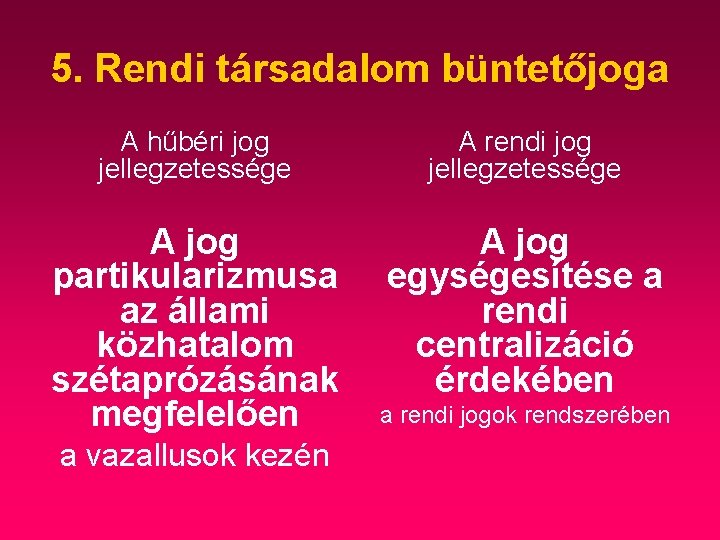 5. Rendi társadalom büntetőjoga A hűbéri jog jellegzetessége A rendi jog jellegzetessége A jog