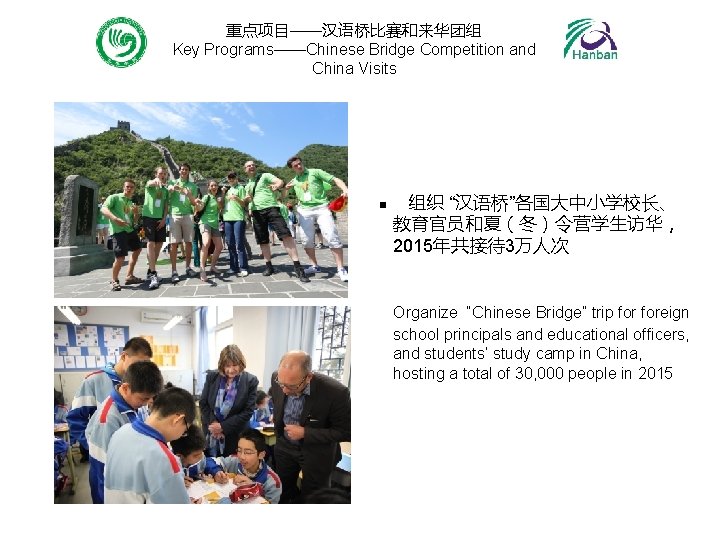重点项目——汉语桥比赛和来华团组 Key Programs——Chinese Bridge Competition and China Visits n 组织 “汉语桥”各国大中小学校长、 教育官员和夏(冬)令营学生访华, 2015年共接待3万人次 Organize 重点项目——汉语桥比赛和来华团组 Key Programs——Chinese Bridge Competition and China Visits n 组织 “汉语桥”各国大中小学校长、 教育官员和夏(冬)令营学生访华, 2015年共接待3万人次 Organize
