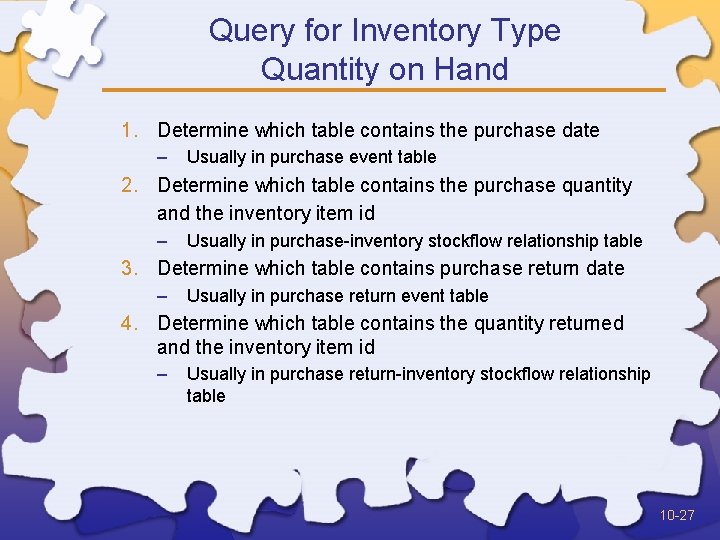 Query for Inventory Type Quantity on Hand 1. Determine which table contains the purchase