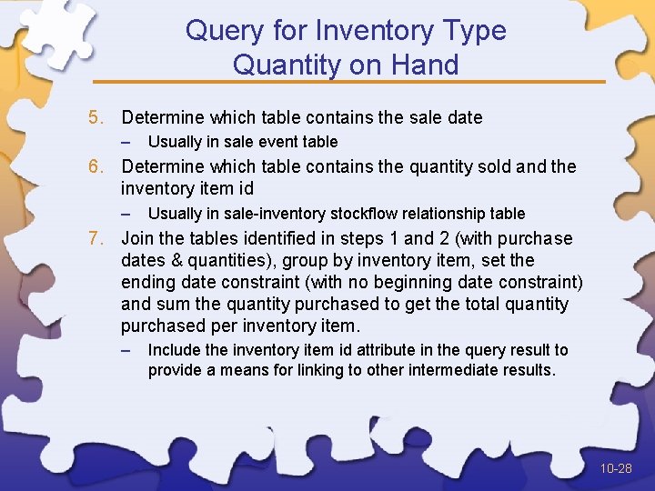 Query for Inventory Type Quantity on Hand 5. Determine which table contains the sale