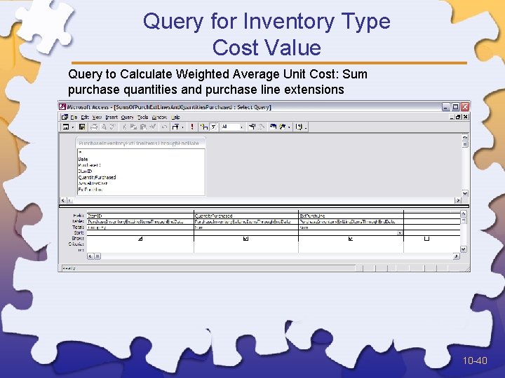 Query for Inventory Type Cost Value Query to Calculate Weighted Average Unit Cost: Sum