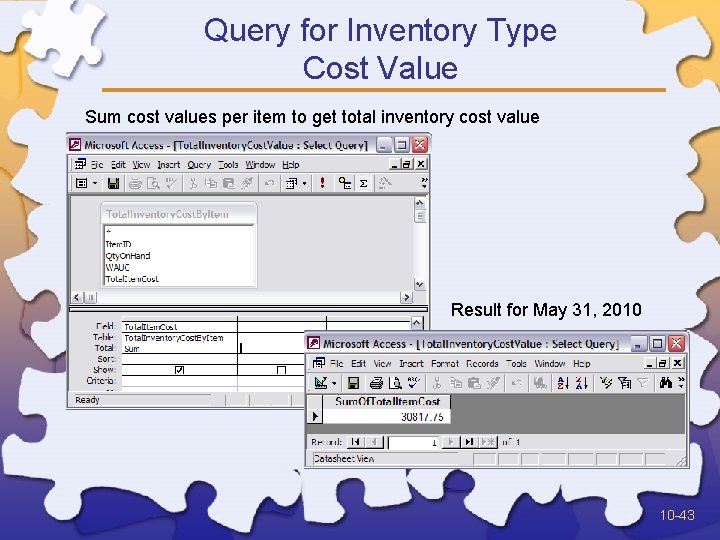 Query for Inventory Type Cost Value Sum cost values per item to get total