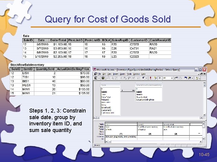 Query for Cost of Goods Sold Steps 1, 2, 3: Constrain sale date, group