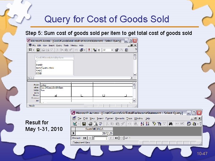 Query for Cost of Goods Sold Step 5: Sum cost of goods sold per