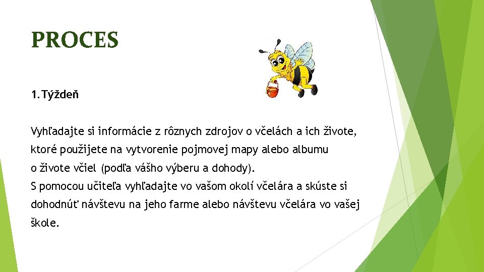 PROCES 1. Týždeň Vyhľadajte si informácie z rôznych zdrojov o včelách a ich živote,