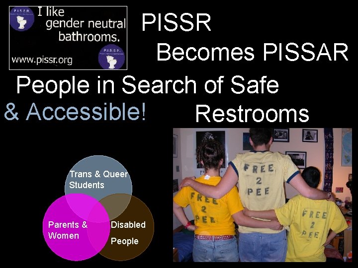 PISSR Becomes PISSAR People in Search of Safe & Accessible! Restrooms Trans & Queer