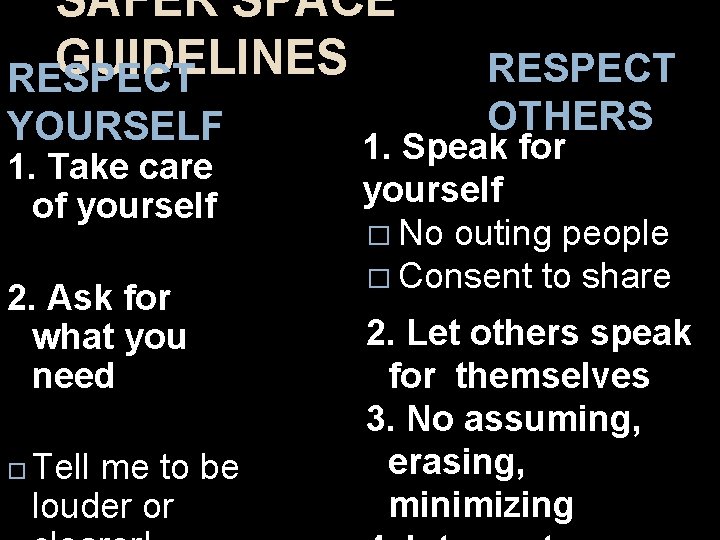 SAFER SPACE GUIDELINES RESPECT YOURSELF 1. Take care of yourself 2. Ask for what