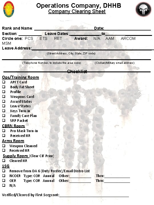 Operations Company, DHHB Company Clearing Sheet Rank and Name: ____________ Date: ___________ Section: _____