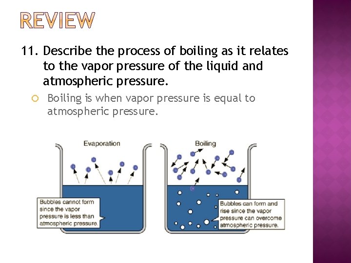11. Describe the process of boiling as it relates to the vapor pressure of