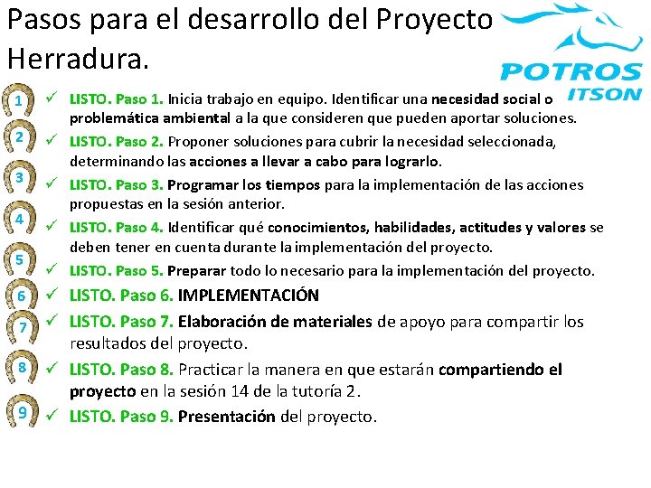 Pasos para el desarrollo del Proyecto Herradura. 1 2 3 4 5 ü LISTO.