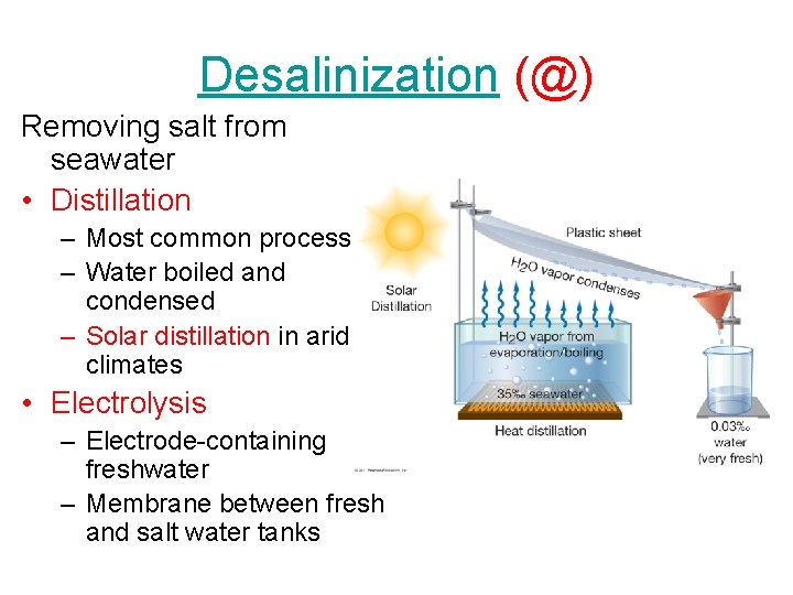 Desalinization (@) Removing salt from seawater • Distillation – Most common process – Water