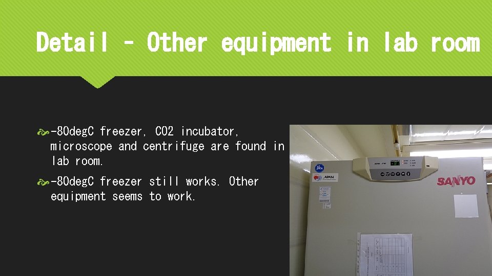 Detail – Other equipment in lab room -80 deg. C freezer, CO 2 incubator,