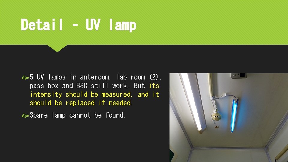Detail – UV lamp 5 UV lamps in anteroom, lab room (2), pass box