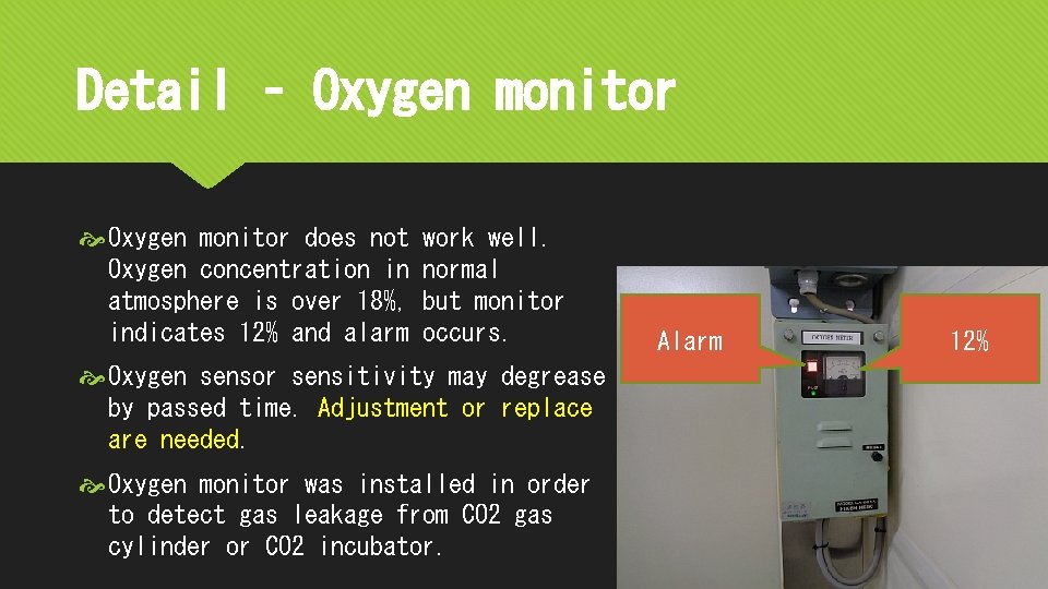 Detail – Oxygen monitor does not Oxygen concentration in atmosphere is over 18%, indicates