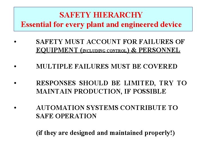 SAFETY HIERARCHY Essential for every plant and engineered device • SAFETY MUST ACCOUNT FOR SAFETY HIERARCHY Essential for every plant and engineered device • SAFETY MUST ACCOUNT FOR