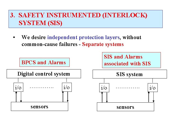 3. SAFETY INSTRUMENTED (INTERLOCK) SYSTEM (SIS) • We desire independent protection layers, without common-cause 3. SAFETY INSTRUMENTED (INTERLOCK) SYSTEM (SIS) • We desire independent protection layers, without common-cause