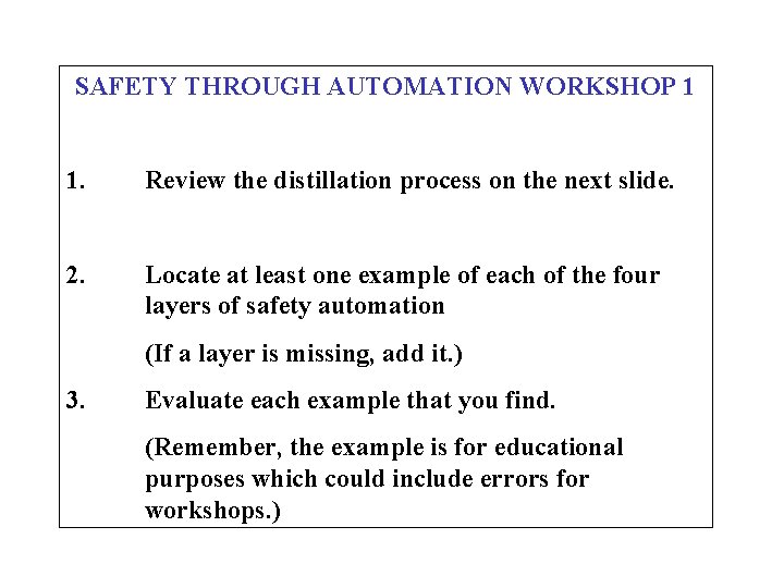 SAFETY THROUGH AUTOMATION WORKSHOP 1 1. Review the distillation process on the next slide. SAFETY THROUGH AUTOMATION WORKSHOP 1 1. Review the distillation process on the next slide.