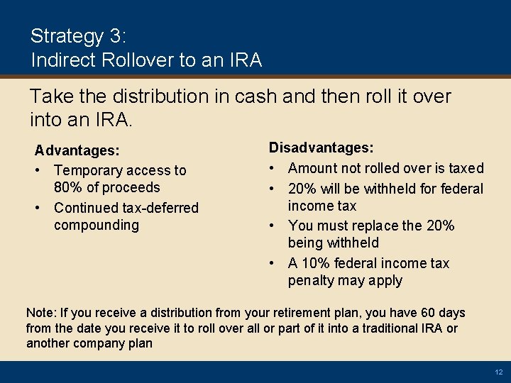 Strategy 3: Indirect Rollover to an IRA Take the distribution in cash and then