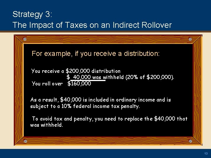Strategy 3: The Impact of Taxes on an Indirect Rollover For example, if you