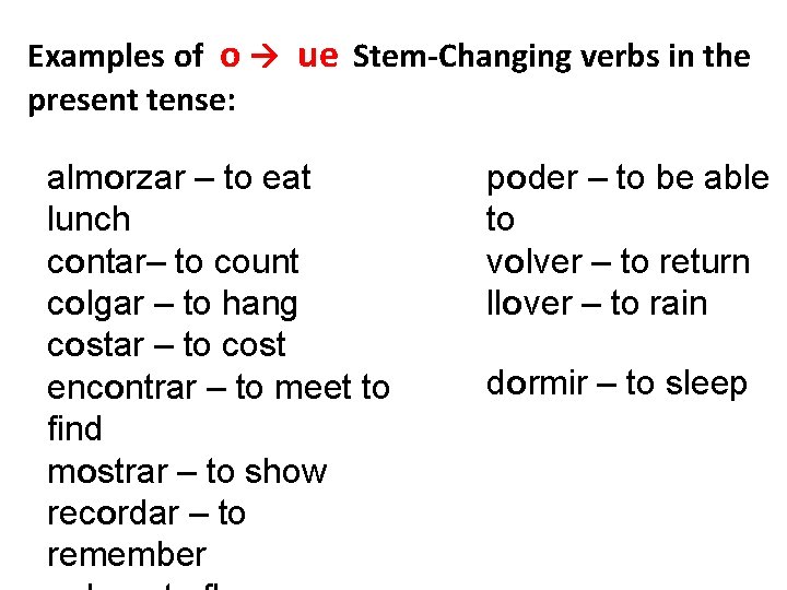 Examples of o ue Stem-Changing verbs in the present tense: almorzar – to eat