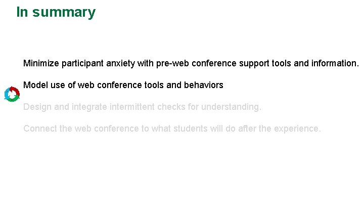 In summary Minimize participant anxiety with pre-web conference support tools and information. Model use