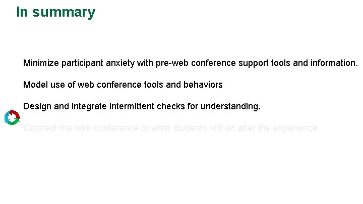 In summary Minimize participant anxiety with pre-web conference support tools and information. Model use