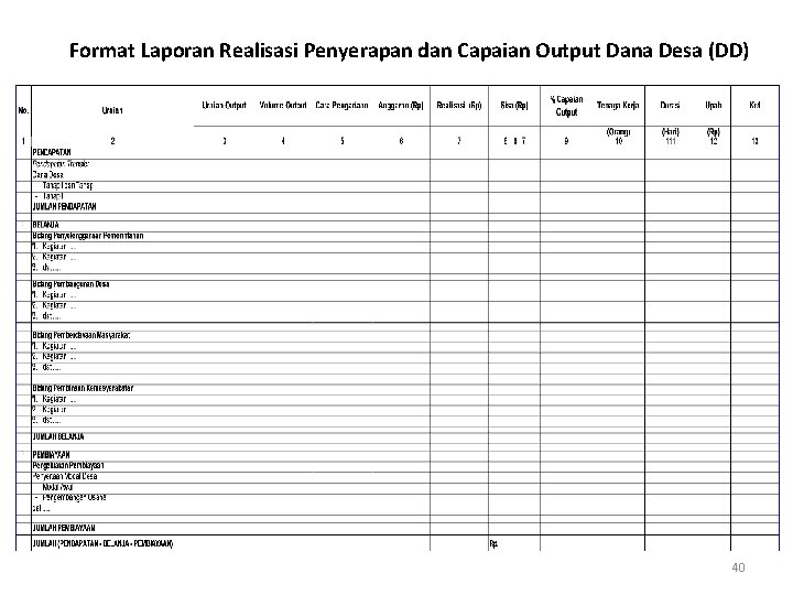 Format Laporan Realisasi Penyerapan dan Capaian Output Dana Desa (DD) 40 