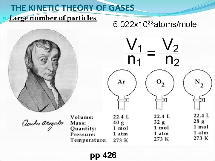 THE KINETIC THEORY OF GASES Large number of particles 6. 022 x 1023 atoms/mole