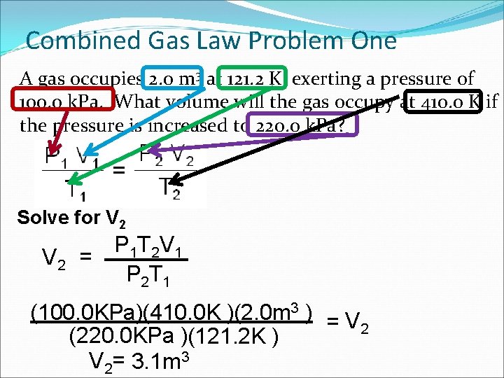 Combined Gas Law Problem One A gas occupies 2. 0 m 3 at 121.