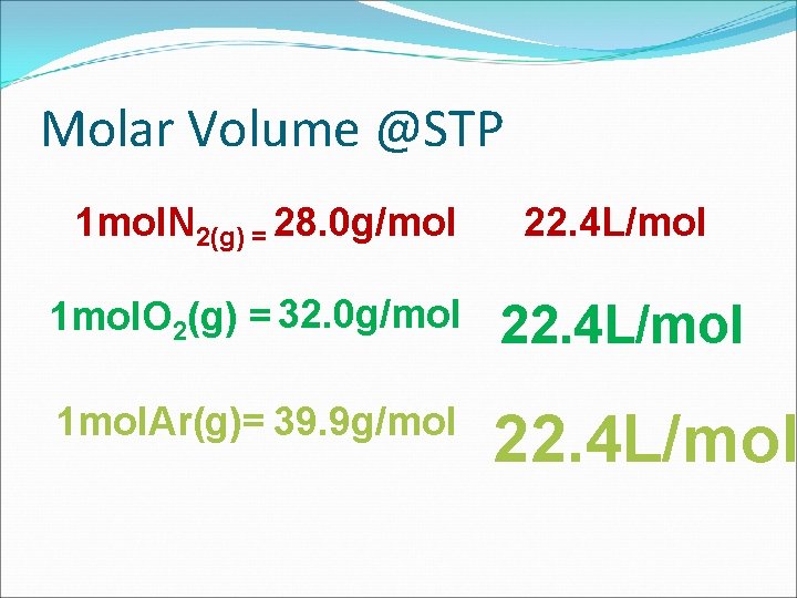 Molar Volume @STP 1 mol. N 2(g) = 28. 0 g/mol 22. 4 L/mol