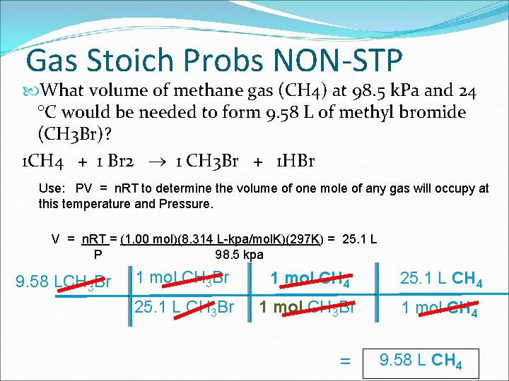 Gas Stoich Probs NON-STP What volume of methane gas (CH 4) at 98. 5