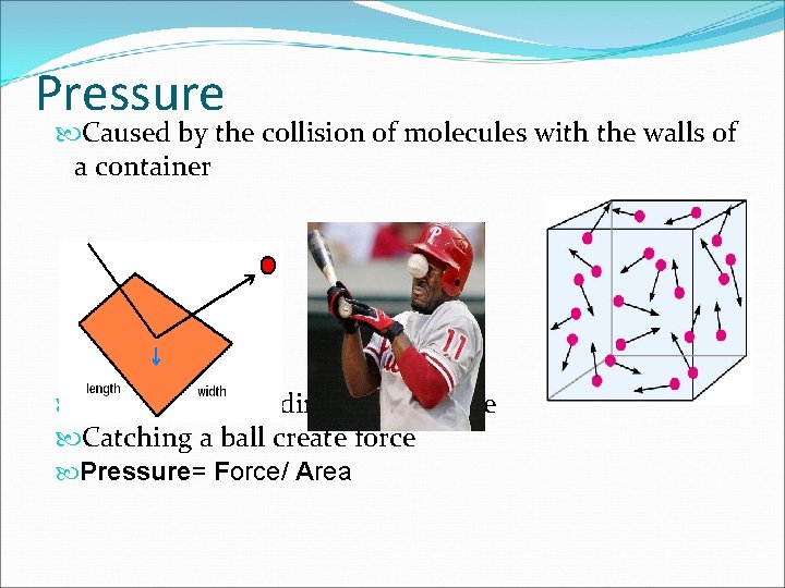 Pressure Caused by the collision of molecules with the walls of a container A