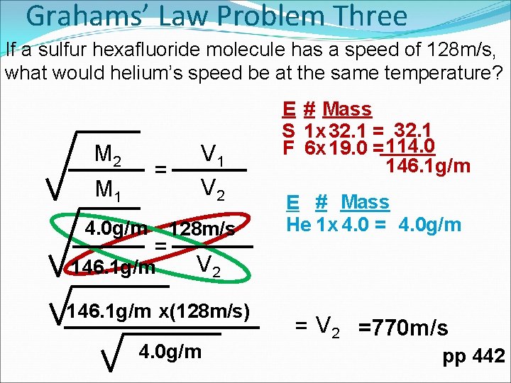 Grahams’ Law Problem Three If a sulfur hexafluoride molecule has a speed of 128