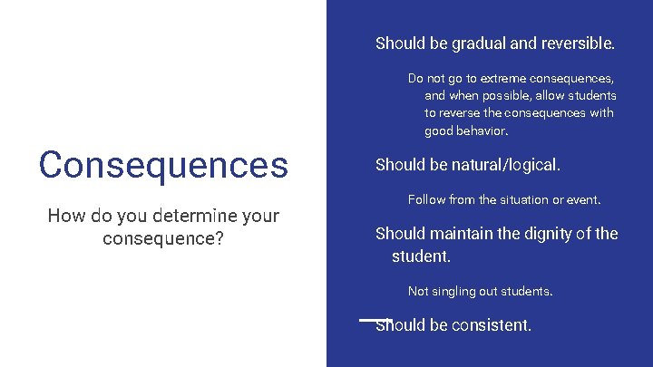 Should be gradual and reversible. Do not go to extreme consequences, and when possible,