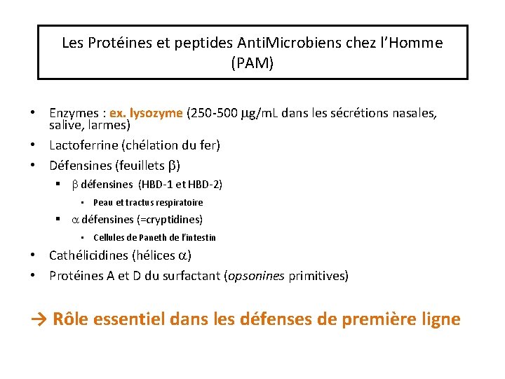 Les Protéines et peptides Anti. Microbiens chez l’Homme (PAM) • Enzymes : ex. lysozyme