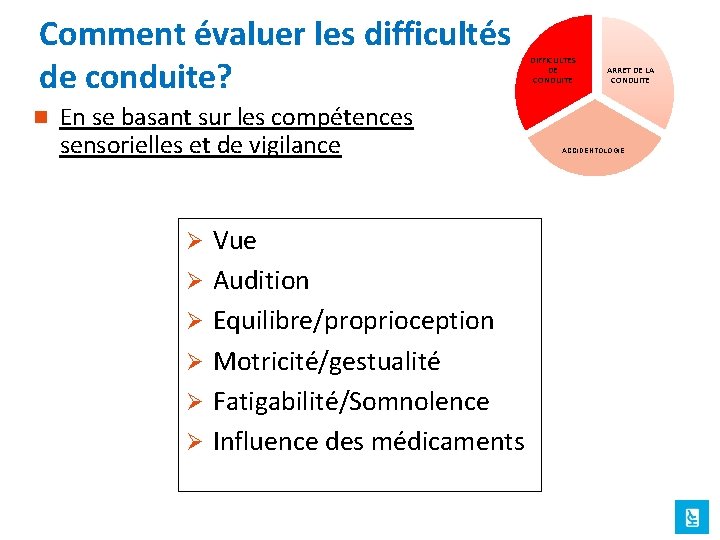 Comment évaluer les difficultés de conduite? n En se basant sur les compétences sensorielles