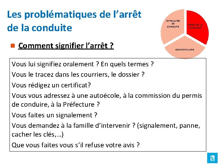 Les problématiques de l’arrêt de la conduite n Comment signifier l’arrêt ? DIFFICULTES DE