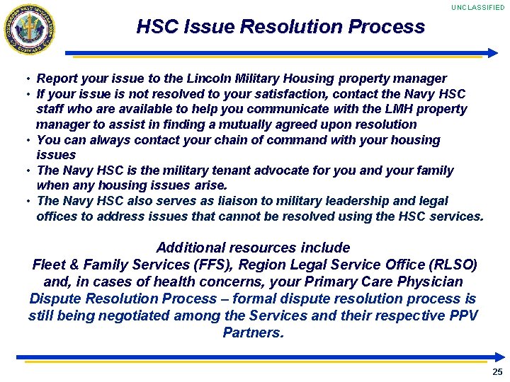 UNCLASSIFIED HSC Issue Resolution Process • Report your issue to the Lincoln Military Housing