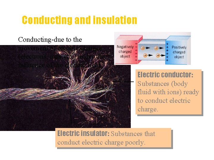 Conducting and insulation Conducting-due to the movement of electric charges (electrons, ions, etc. )