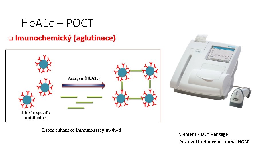 Hb. A 1 c – POCT q Imunochemický (aglutinace) Latex enhanced immunoassay method Siemens