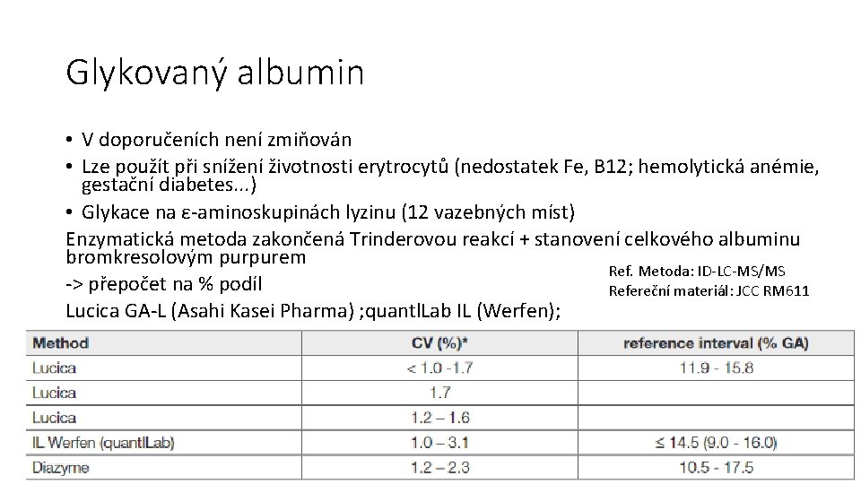 Glykovaný albumin • V doporučeních není zmiňován • Lze použít při snížení životnosti erytrocytů