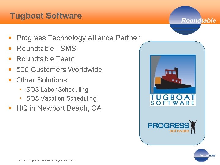 Tugboat Software § § § Progress Technology Alliance Partner Roundtable TSMS Roundtable Team 500