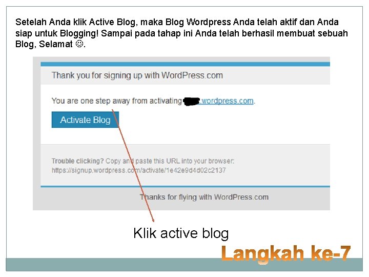 Setelah Anda klik Active Blog, maka Blog Wordpress Anda telah aktif dan Anda siap