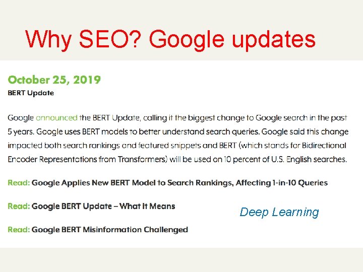 Why SEO? Google updates n Features we know used in web page ranking n