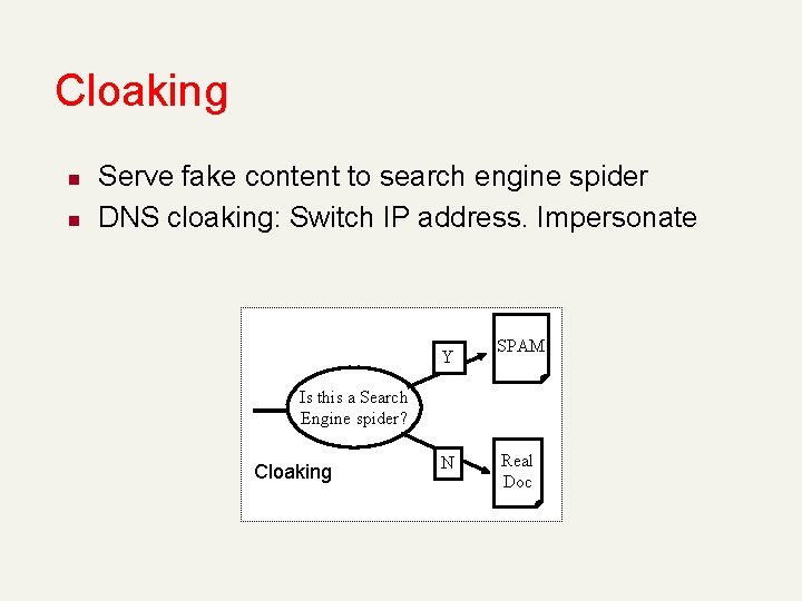 Cloaking n n Serve fake content to search engine spider DNS cloaking: Switch IP