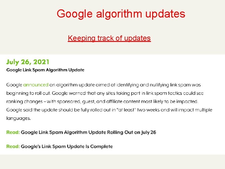 Google algorithm updates Keeping track of updates 