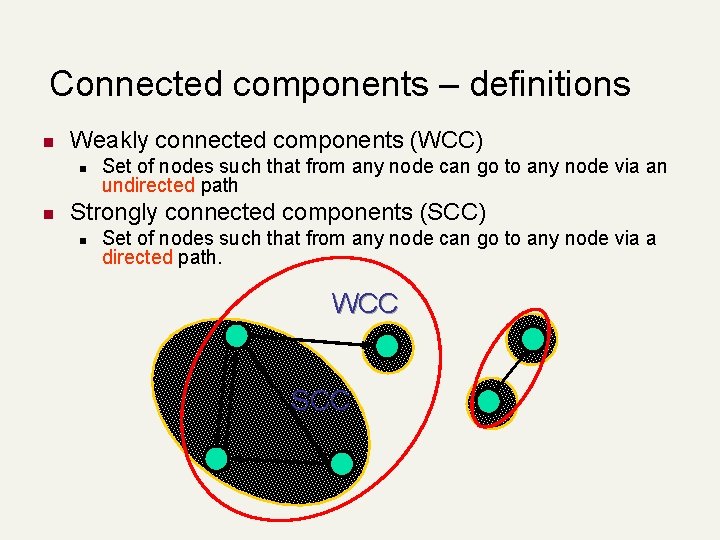 Connected components – definitions n Weakly connected components (WCC) n n Set of nodes